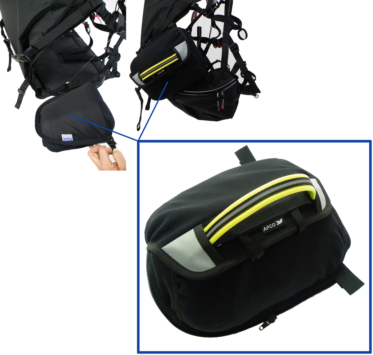 Zipped on Emergency Parachute compartment for SLT universal harness